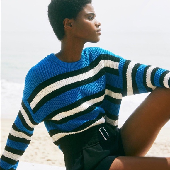 A.L.C. Matthews Striped Chunky Knit Azure Blue Oversized Pullover Sweater sz S - Picture 4 of 9